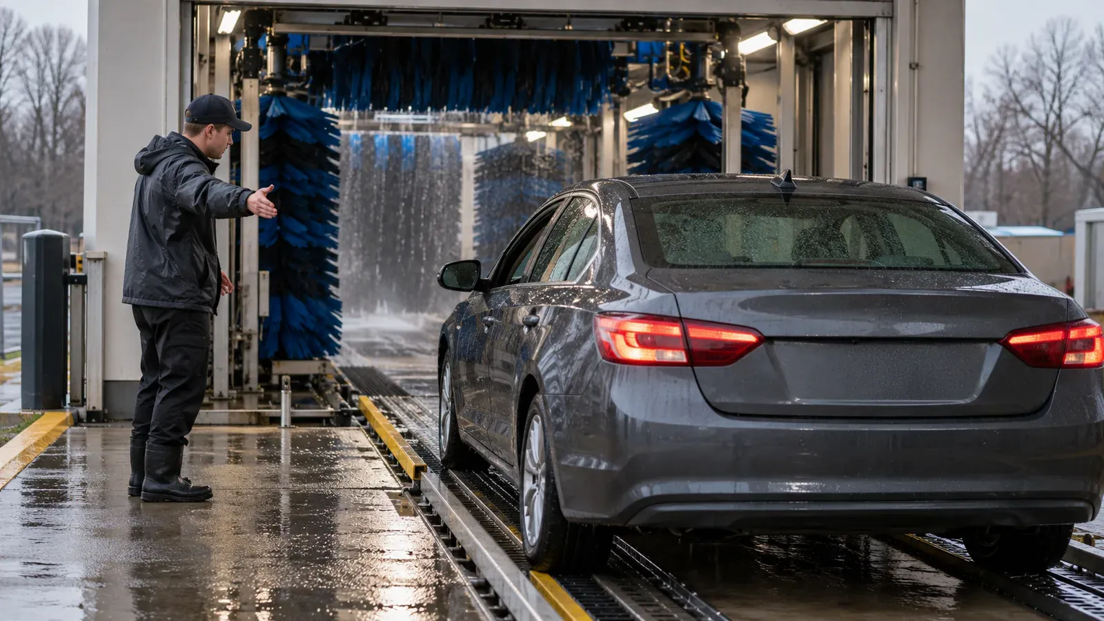 Car wash attendant guiding a sedan onto the conveyor of an express tunnel wash on an overcast Ohio morning