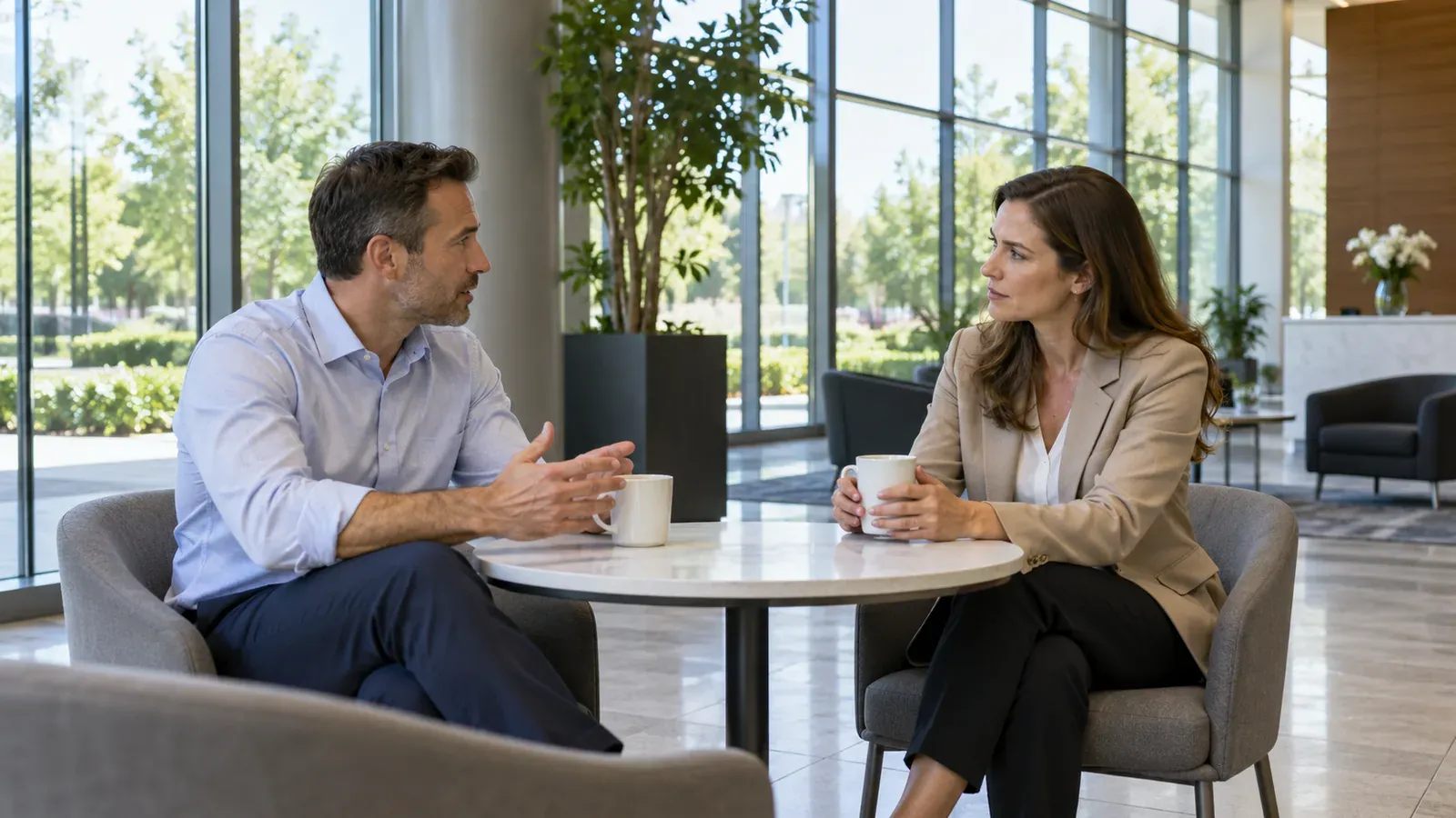 Two professionals talking over coffee at a table in a modern office building lobby in Dublin, Ohio