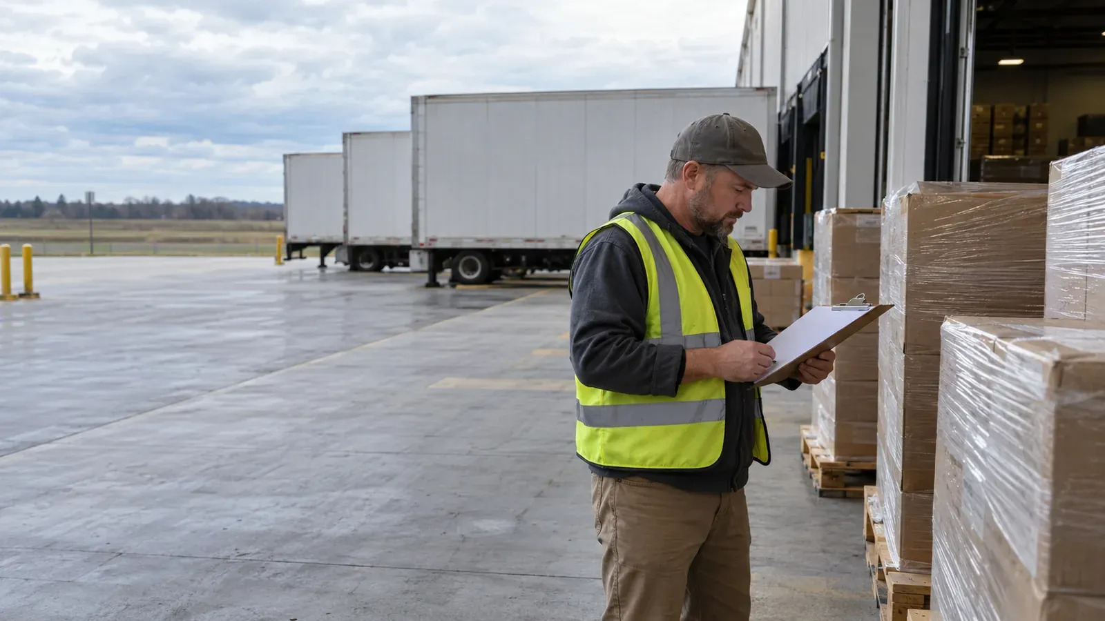 Warehouse supervisor with a clipboard checking pallets at a loading dock south of Columbus