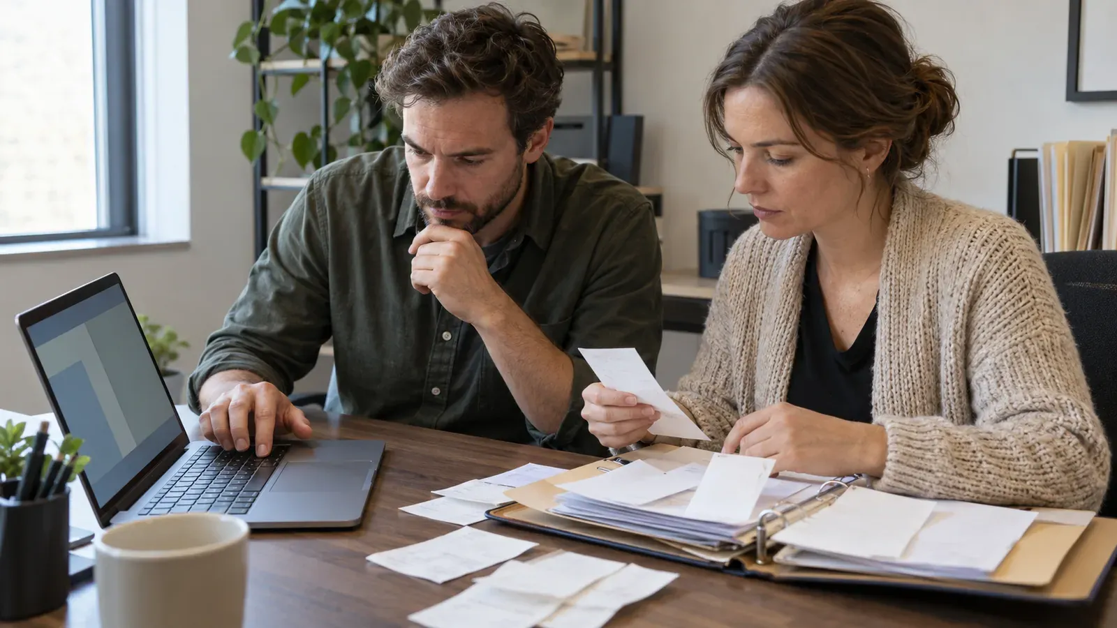 Business owner and bookkeeper comparing Ohio sales tax filings on a laptop with a folder of receipts at a small office desk