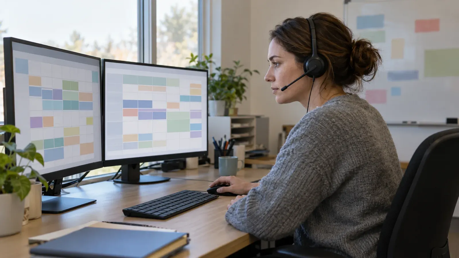 Staffing coordinator on a headset reviewing a shift schedule on two monitors in a small Columbus office
